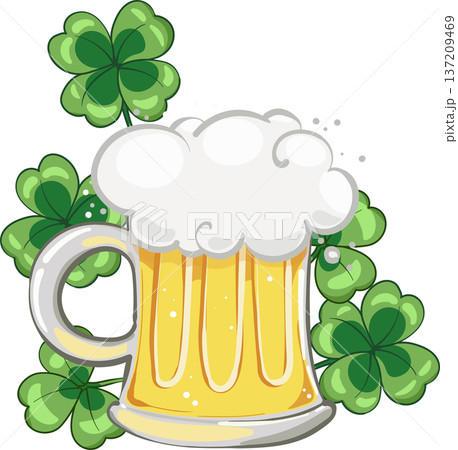 Mug of beer. Saint Patricks Day illustration. Ale or beer in mug with shamrock clover leaf 137209469