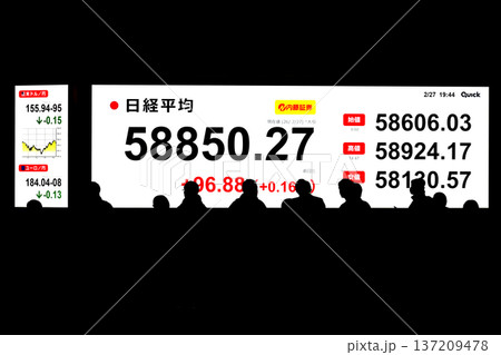 日本の東京都市景観最高値更新5万8850円27銭株価/終値。3日連続で最高値更新＝2月27日 137209478