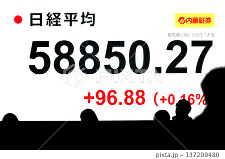 日本の東京都市景観最高値更新5万8850円27銭株価/終値。3日連続で最高値更新＝2月27日 137209480