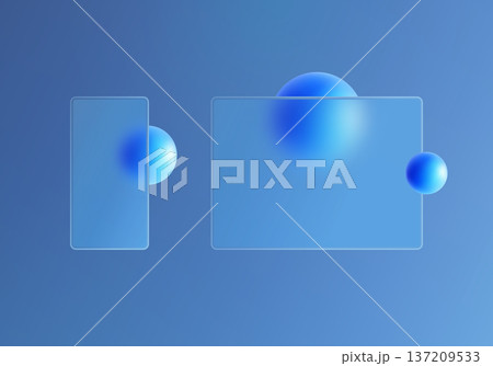 Glass morphism mockup with translucent vertical and horizontal panels and blue gradient spheres on a light blue background 137209533