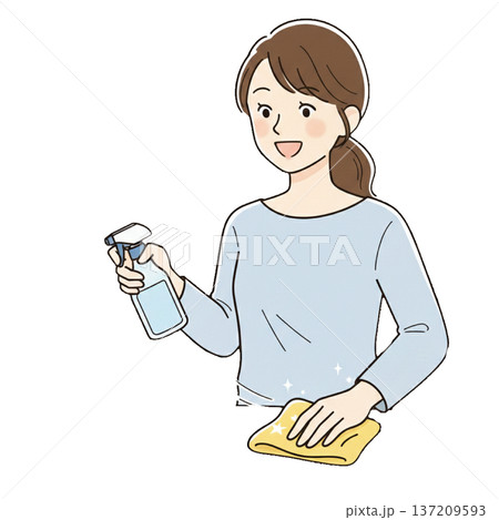 掃除をする女性　除菌スプレーで拭き掃除する清潔・衛生管理のイメージイラスト 137209593