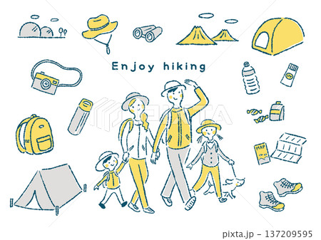 ハイキングを楽しむ家族とハイキング道具のイラストセット ハイキングを楽しむ家族とハイキング道具のイラストセット 137209595