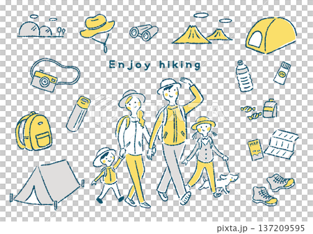 ハイキングを楽しむ家族とハイキング道具のイラストセット ハイキングを楽しむ家族とハイキング道具のイラストセット 137209595