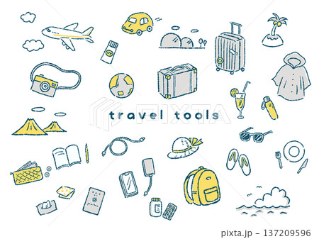 旅行モチーフの手描き風イラストセット 137209596