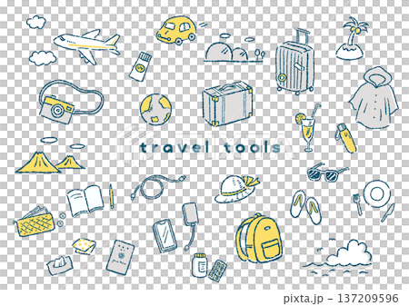 旅行モチーフの手描き風イラストセット 137209596