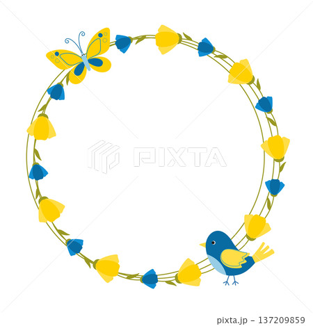 Spring frame with blue and yellow flowers, bird and butterfly. Decorative element for design, greeting card, invitation, sale, banner. Spring frame with blue and yellow flowers, bird and butterfly. Decorative element for design, greeting card, invitation, sale, banner. 137209859