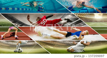Multi sport action collage with stadium and arena scenes in diagonal layout. 137209897