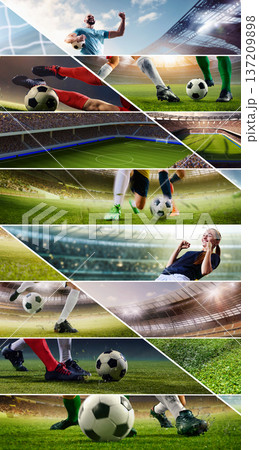 Football championship composition with stadium action moments in diagonal layout 137209898