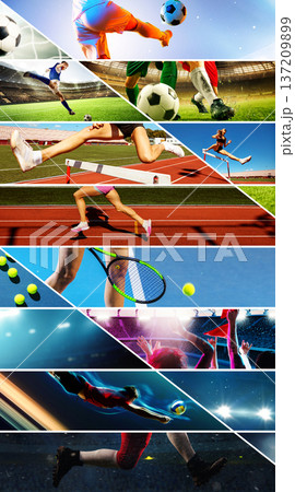 Dynamic sports collage with diagonal action scenes in stadium layout. 137209899