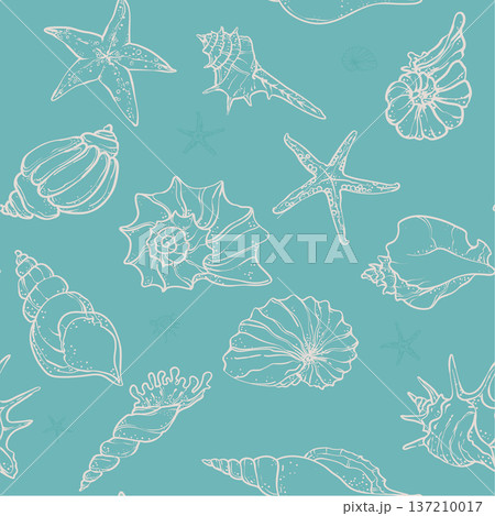 line art illustration of various seashells and starfish on a deep ocean background. . line art illustration of various seashells and starfish on a deep ocean background. . 137210017