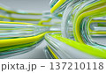 シアンとライムが発光するガラス質の抽象的な3D回路イメージ 137210118