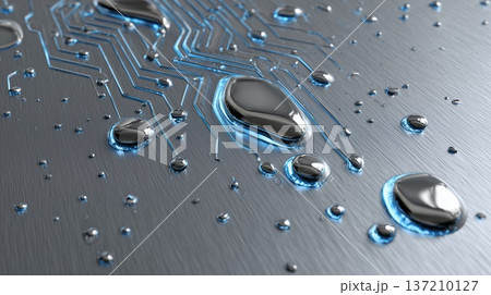 青く発光する回路パターンを流れる液体金属のクローズアップ 137210127
