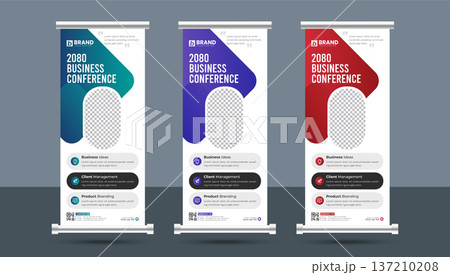 Creative minimal business conference roll up standee or x banner design layout template. Professional vertical rollup, pull up, flag-banner, exhibition display, x-stand design. 137210208
