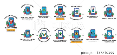 A row of stickers with a variety of images and text A row of stickers with a variety of images and text 137210355