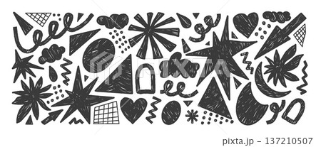 Doodle kids chalk elements abstract shapes. Figures with charcoal texture. Geometric figures, stars, arrow element. Playful scribble stickers pencil y2k. Vector graphics for modern collage isolated Doodle kids chalk elements abstract shapes. Figures with charcoal texture. Geometric figures, stars, arrow element. Playful scribble stickers pencil y2k. Vector graphics for modern collage isolated 137210507
