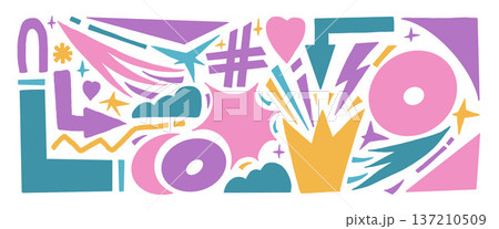 Abstract geometric silhouette pastel colors paper cutouts background. Freeform doodle figures set. Semicircles, stars, cloud, arrows, heart scribbles stickers. Vector graphic illustration no bg 137210509