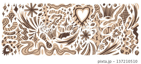 Paper cutout shapes element and collage heart for scrapbook layouts with a star, geometric figure, naive trinkets, and asterisk set. Retro vector decoration with arrow and dot isolated on white bg Paper cutout shapes element and collage heart for scrapbook layouts with a star, geometric figure, naive trinkets, and asterisk set. Retro vector decoration with arrow and dot isolated on white bg 137210510