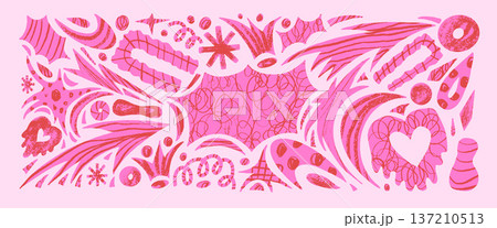 Girly cutout abstract geometric shapes background. Geometry and freeform coquette pink red collage naive doodle figures. Scrapbook stickers with arch stars, arrows, heart shape. Vector illustration 137210513