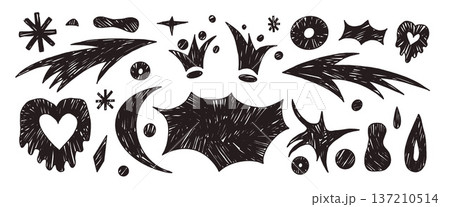 Black bang text box and charcoal abstract geometric shapes set. Geometry and organic freeform naive hand drawn doodle figures. Linocut stars, arrows, heart shape. Vector illustration isolated Black bang text box and charcoal abstract geometric shapes set. Geometry and organic freeform naive hand drawn doodle figures. Linocut stars, arrows, heart shape. Vector illustration isolated 137210514