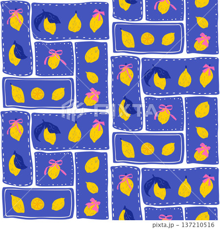 Lemons bow coquette bento box seamless pattern. Patchwork fruit summer endless background. Geometric border repeat cover. Surface pattern design italian mediterranean motif. Vector citrus illustration 137210516