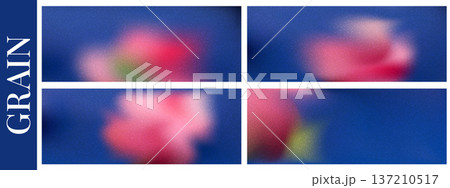 Gentle blur flower on grain gradient background set. Smooth peony or botanical shape on deep blue noisy gradation cover. Vector soft focus wildflower on grainy backdrop. Blurred presentation templates 137210517