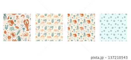 Cute coastal seamless patterns collection. Aop illustrations featuring lobster, shells, sea creatures. Vector seamless summer pattern for beach vintage prints, or tropical ocean-themed backgrounds. 137210543