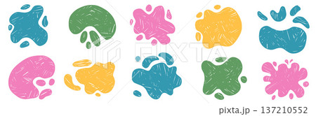 Playful crayon textured blob, splash and puddle for text. Chalk pencil colorful frame in amoeba shape. Kids puddle of paint or water drop figure. Vector yellow, green spots liquid splat promo sticker 137210552