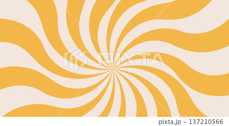 Groovy swirl starburst background. Retro spiral yellow sun rays abstract illustration. Vector wavy retro decoration. Radial carnival stripes vintage backdrop. Sunburst textured 70s pop art design 137210566