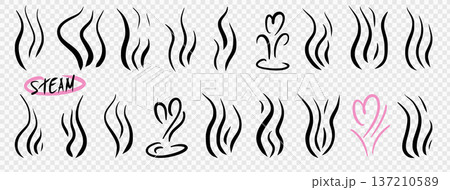 Steam coffee doodles set. Aromatic smoke waves and hearts signs. Hot beverage effect in vector line. Perfect for food branding, cooking apps, or cafe graphics. Smell steam scribbles on transparent bg Steam coffee doodles set. Aromatic smoke waves and hearts signs. Hot beverage effect in vector line. Perfect for food branding, cooking apps, or cafe graphics. Smell steam scribbles on transparent bg 137210589
