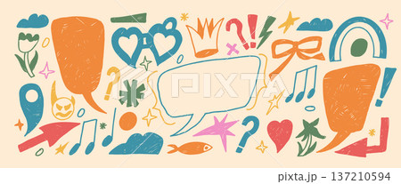 Speech bubble message and crayon quote frames inspired by doodles and childish art. Scribbled text boxes, clouds, marks drawn by pencil or chalk. Vector red, blue collage pieces with a Y2K retro mood Speech bubble message and crayon quote frames inspired by doodles and childish art. Scribbled text boxes, clouds, marks drawn by pencil or chalk. Vector red, blue collage pieces with a Y2K retro mood 137210594
