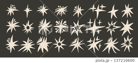 Chalk stars on blackboard. Twinkles spark white pastel set. Pencil crayon drawn scribble twinkles collection. Kids stickers blinks. Christmas simple shine decoration. Vector asterisk elements isolated 137210600