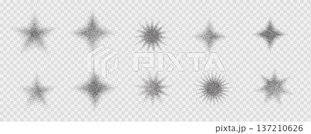 Starburst graphic featuring gradient spray effects. Dotted halftone grainy noise twinkles. Stipple spark and shimmering elements. Vector dotworks grit shapes illustration on transparent background 137210626