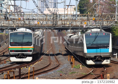 並走して走り去る上野東京ライン・京浜東北線（埼玉県南部） 137210982