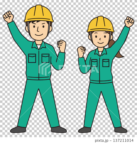 一幅插圖，描繪了一男一女身穿藍色工作服、頭戴安全帽，高舉拳頭站立。線條流暢，表情微笑。 137211014