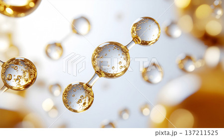 レチノール美容成分イメージ ゴールドの分子と気泡が輝く抽象背景 レチノール美容成分イメージ ゴールドの分子と気泡が輝く抽象背景 137211525
