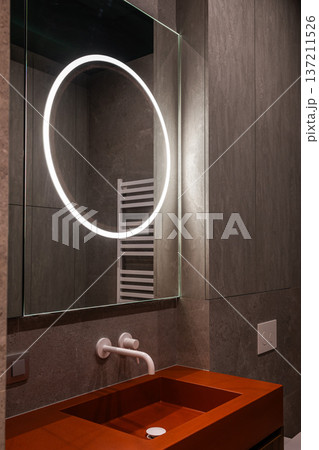Modern bathroom vanity with round LED mirror Modern bathroom vanity with round LED mirror 137211526
