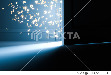 Light Shines Through Slightly Open Door in Dark Room, Concept Background 137211991