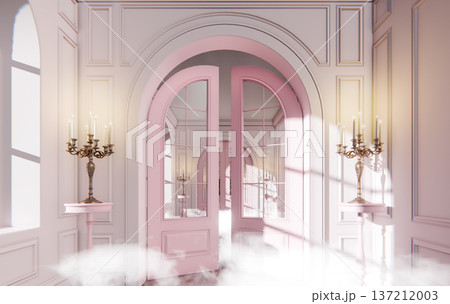 Surreal Dream Pink Baroque Hall with Clouds Heaven Fantasy Portal, 3D Render 137212003