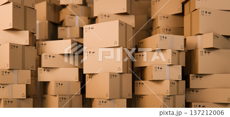 Piles of Stacked Cardboard Boxes Concept Background, Logistics Warehouse, 3D 137212006