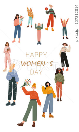 8 March womens day holiday diverse women flowers gifts celebration group cheerful poses colorful outfits modern flat style white background 8 March womens day holiday diverse women flowers gifts celebration group cheerful poses colorful outfits modern flat style white background 137212014