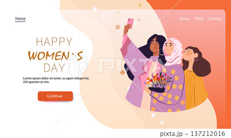 8 March womens day diverse women selfie flowers celebration modern flat design website banner pastel background 137212016