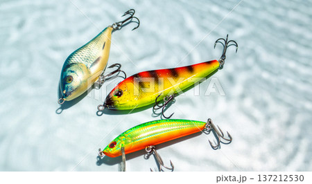 Fishing hobby concept. Accessories on blue background Fishing hobby concept. Accessories on blue background 137212530
