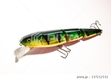 Fishing accessories bobbers, hooks, tackles, baits isolated on white background. Image for shop for fisherman. Close up 137212532
