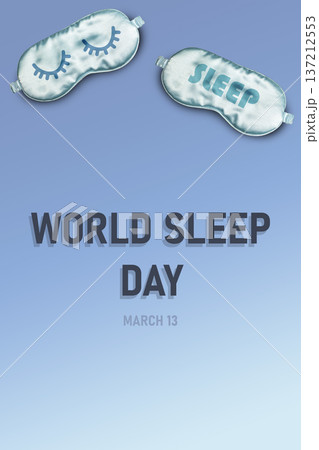 World Sleep day, Sleeping mask on light background. 13 march. Flat lay illustrating issues related to sleeping. Vertical 137212553