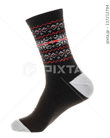 Black crew sock with snowflake winter pattern isolated on white Black crew sock with snowflake winter pattern isolated on white 137212784