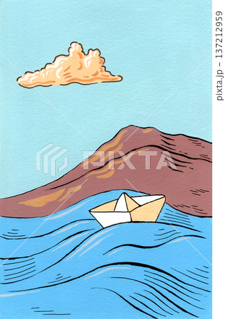 Paper boat floating on the ocean Paper boat floating on the ocean 137212959