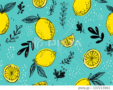 A vibrant seamless pattern featuring whimsical yellow lemons with black ink-style sketches and cross-hatched leaves, set against a bright turquoise background in a playful, hand-drawn aesthetic. 137213001