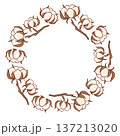 Wreath with cotton plant, flower and boll in circular frame. Flat style illustration for wedding invitation, store packaging and gift card. 137213020