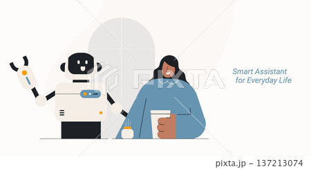 Smart assistant for everyday life with woman and robot AI home automation. Flat design vector illustration for voice assistant, digital lifestyle and smart home technology concepts. Smart assistant for everyday life with woman and robot AI home automation. Flat design vector illustration for voice assistant, digital lifestyle and smart home technology concepts. 137213074