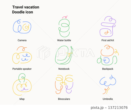 Minimal doodle line icon set for travel and vacation concepts. Hand drawn abstract icons of travel essentials for tourism, holiday planning, adventure, and lifestyle design. 137213076